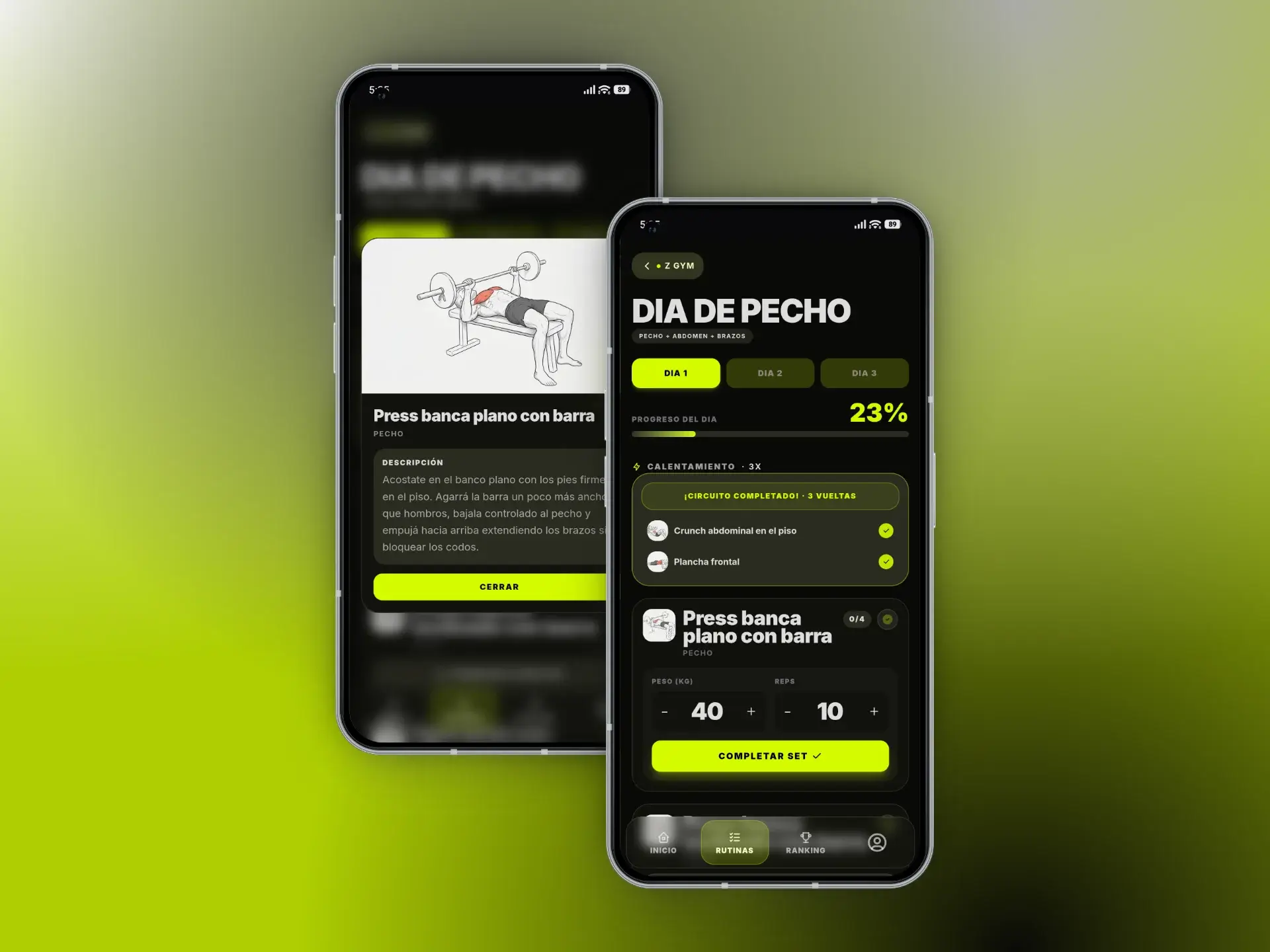 App móvil mostrando rutinas de entrenamiento